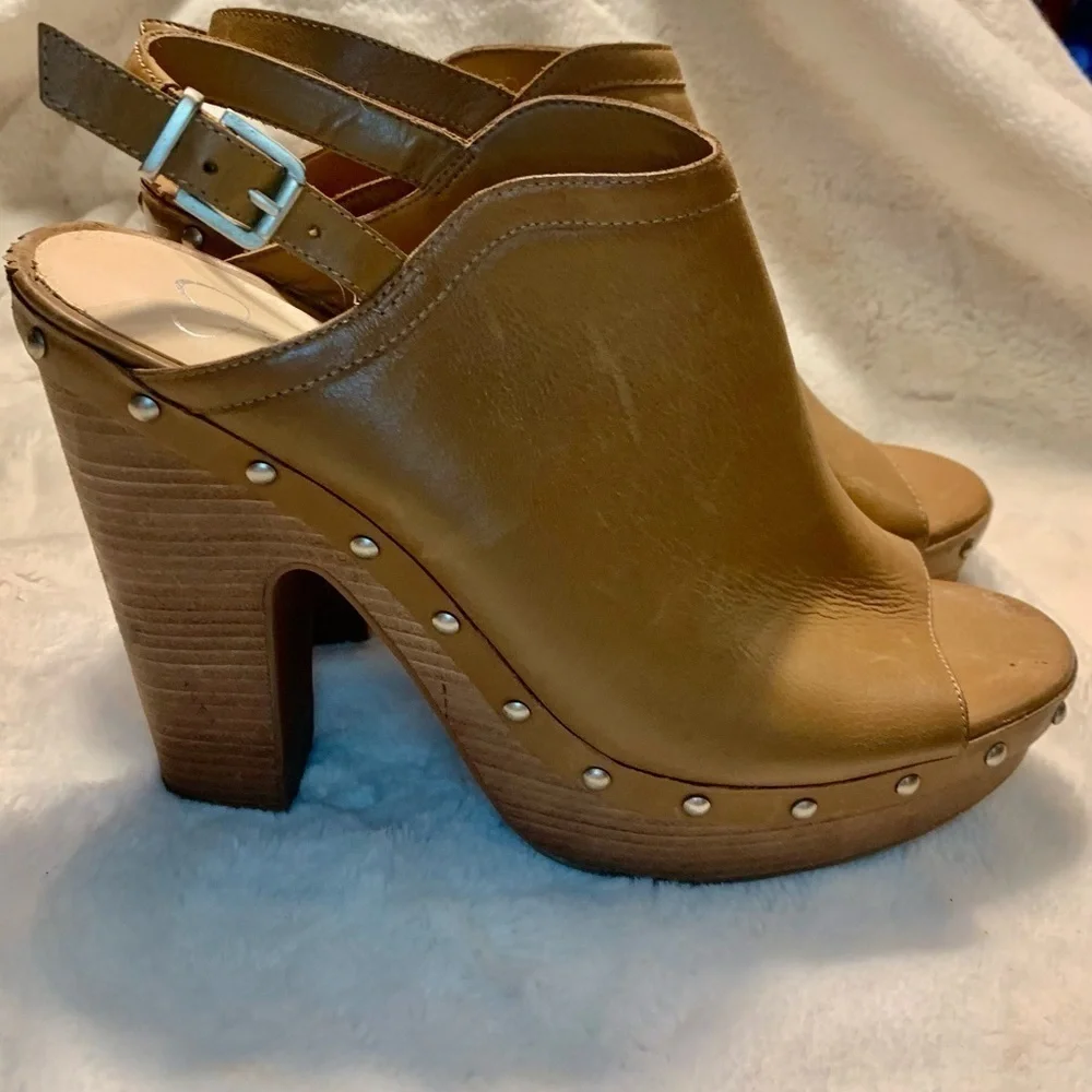 Jessica Simpson Pumps Sz 9.5 Daine Leather Tan Camel Open-Toe High Heels Straps